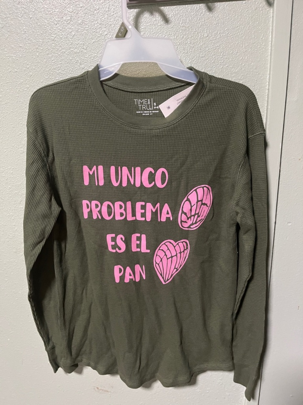 Time and Tru Olive Green Long Sleeve Top with Pink Spanish Graphic